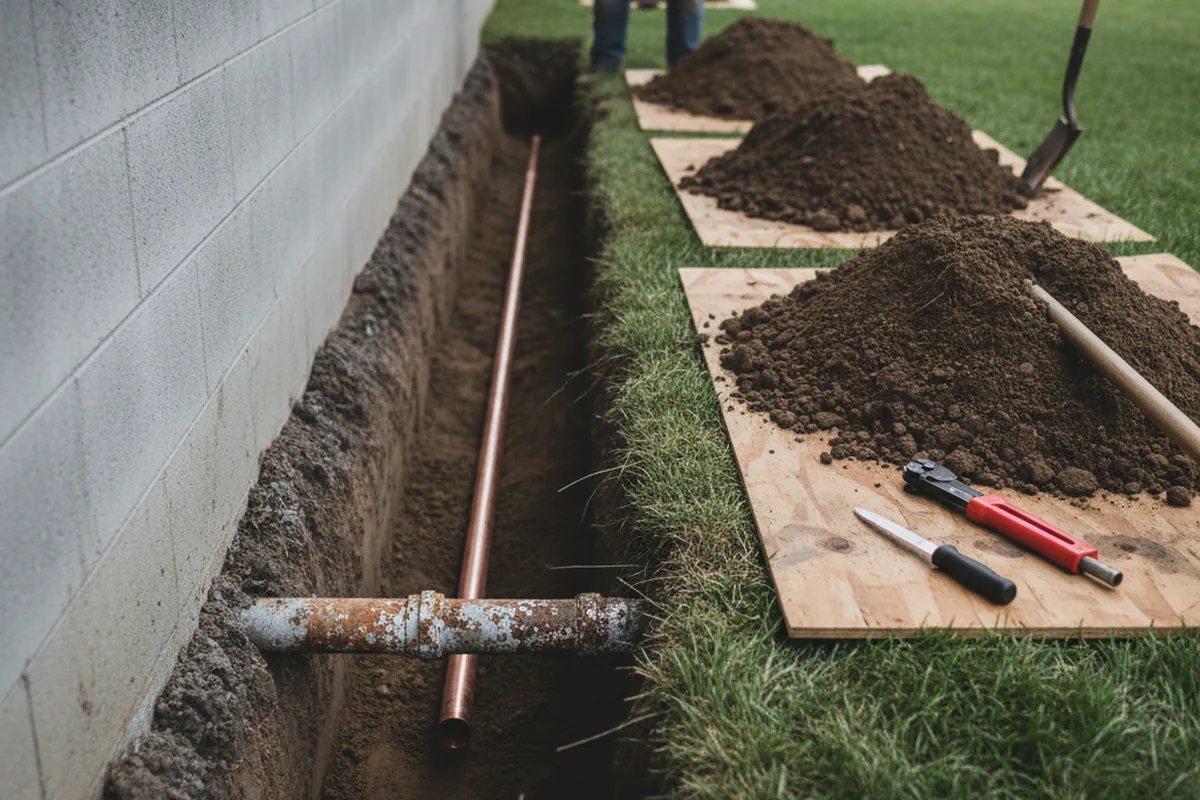 Excavated water line trench during Water Heater Repair in North Ridgeville